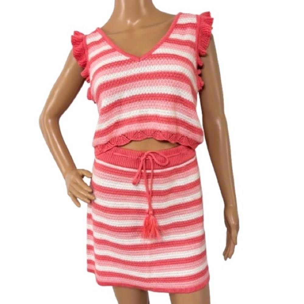 Steve Madden JR. Madden NYC Striped Coral and White Crochet Skirt Set M/L